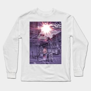 Monochromatic Purple Urban New Orleans Iconic Street Architecture with Sunny Cloudy Sky and Two Walking Humans Expressing Nola Love Long Sleeve T-Shirt